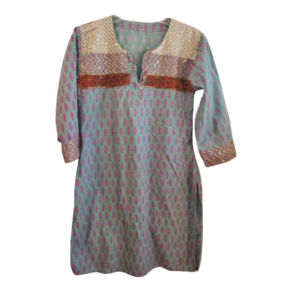 Women's Green Leaf Print Sequined Kurti Size S